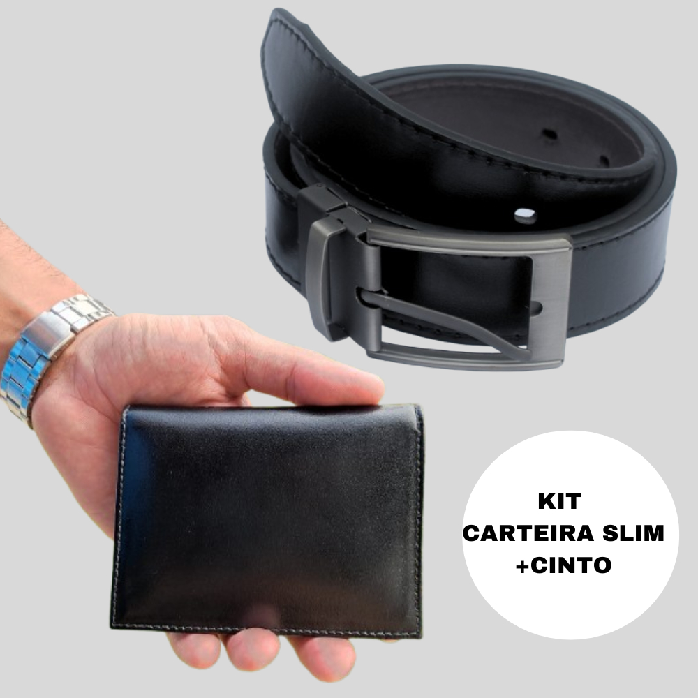Kit Carteira Masculina Couro Original + Cinto  Couro Dupla face