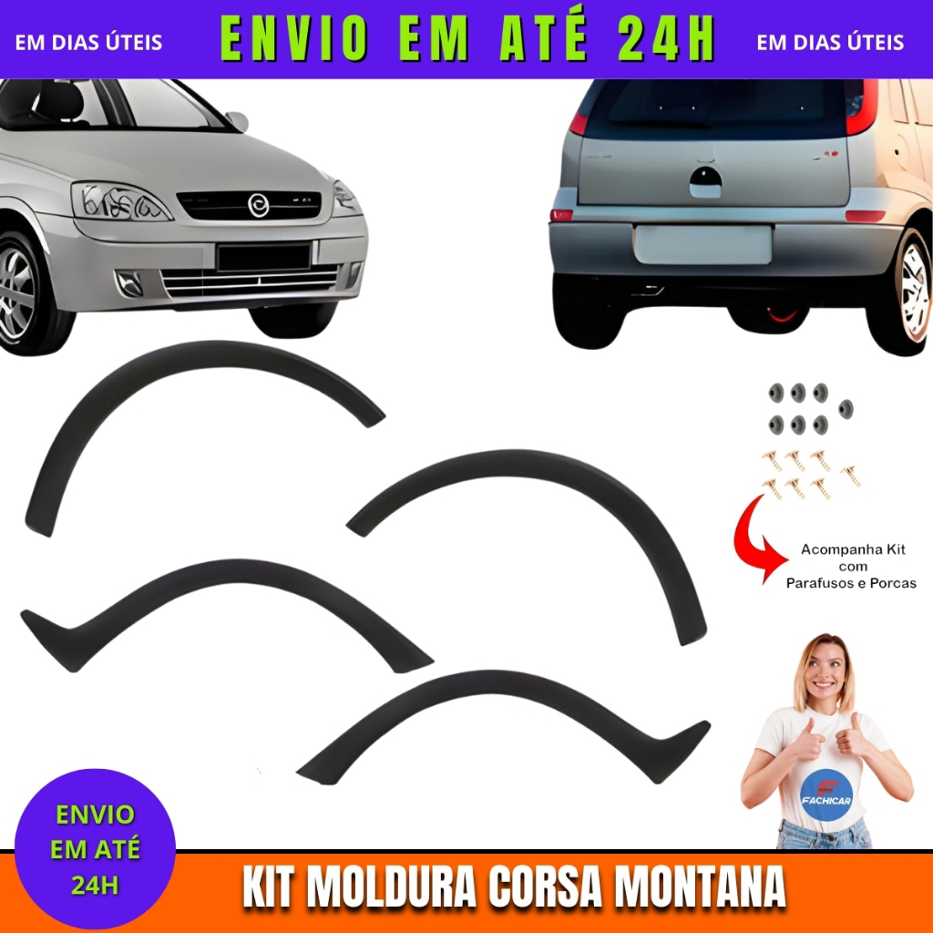 Kit Moldura Paralama 2 Dianteiro + 2 Traseira Corsa Montana Hatch 03 04 05 06 07 08 09 10 Jogo 4 Peças