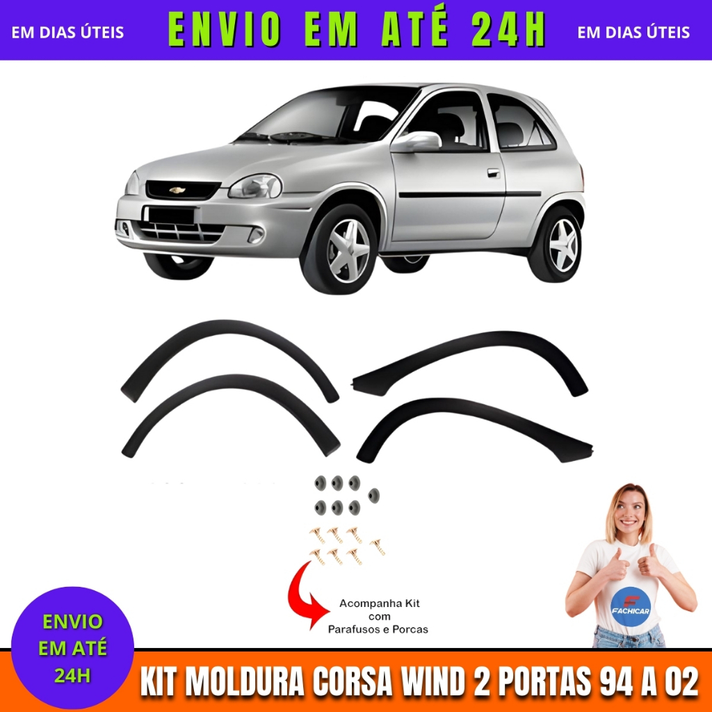 Kit 4 Moldura Para-lama + Parafuso + Porcas Corsa Wind 2 portas Super 4 portas 94 95 96 97 98 99 2000 2001 2002