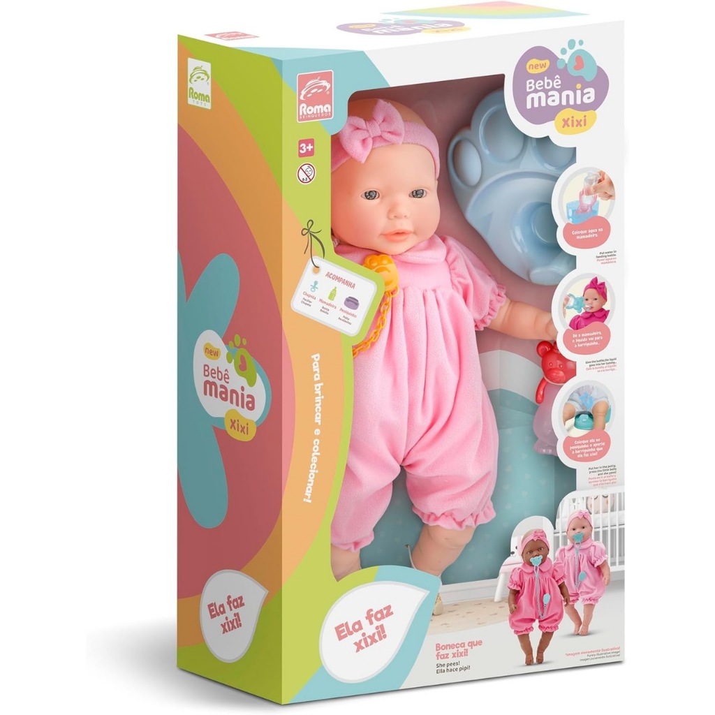 Boneca New Bebe Mania Xixi Branca Com roupinha e Certidão de Nascimento e Acessórios Brinquedo de Menina - Roma Jensen em Oferta na Shopee