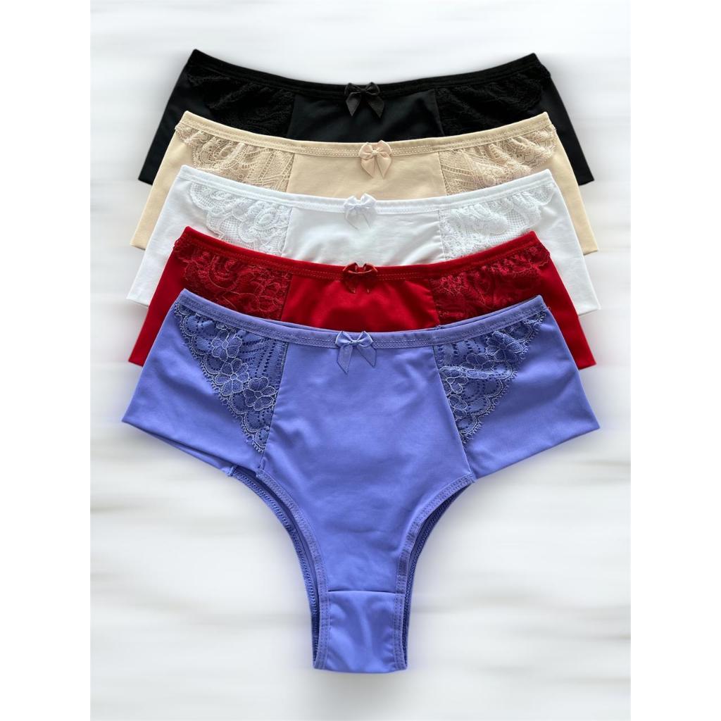 Calcinha Poliamida Kit 5 PEÇAS Conforto Cintura Alta Lateral Dupla Microfibra e Renda em Oferta na Shopee