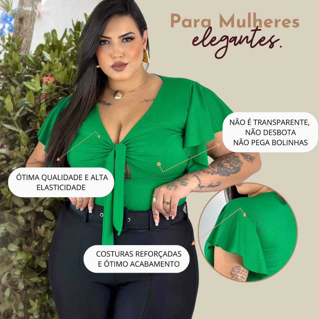 Blusa Feminina Plus Size Malha Canelada com Manga Curta Flare Estilosa e Confortável Tecido Premium G1 ao G3