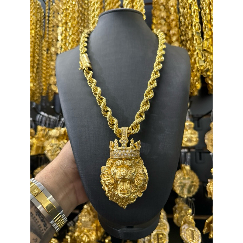 cordão baiano 15mm 70cm banhado a ouro 18k com pingente leão do poze em Oferta na Shopee