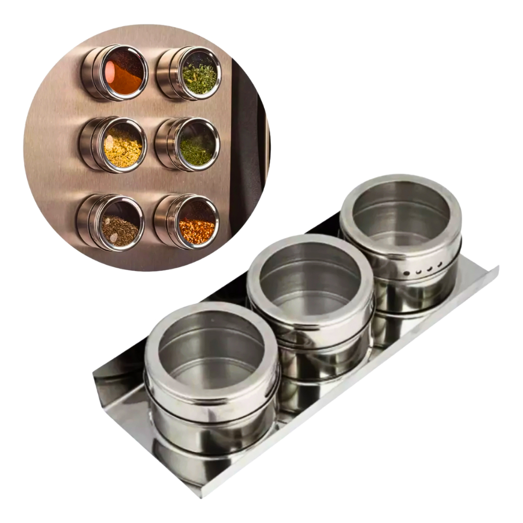 Porta Temperos Condimento 3 Potes Aço Inox Magnético Cozinha Geladeira Com Suporte Alimento