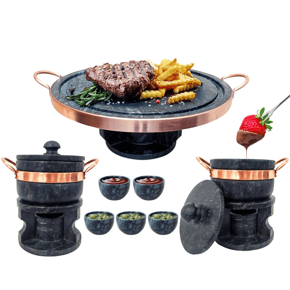 Kit Fondue 23 Cm+ 2 Fondue De Pedra Sabão 500 Ml+ 5 Ramekin Molheira