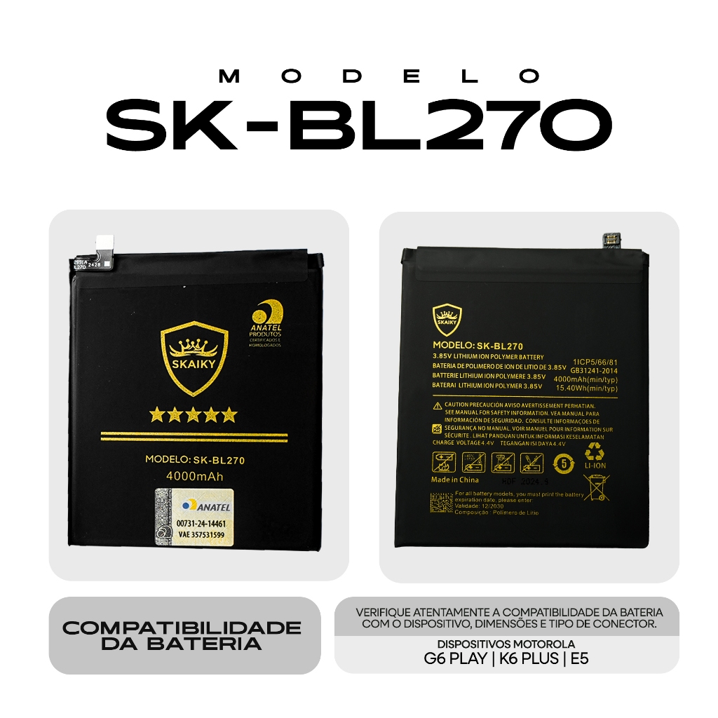 Bateria Oficial Skaiky BL270 Compativel Com Motorola G6 PLAY | E5 | Lenovo K6 PLUS, K6 NOTE, K8 NOTE