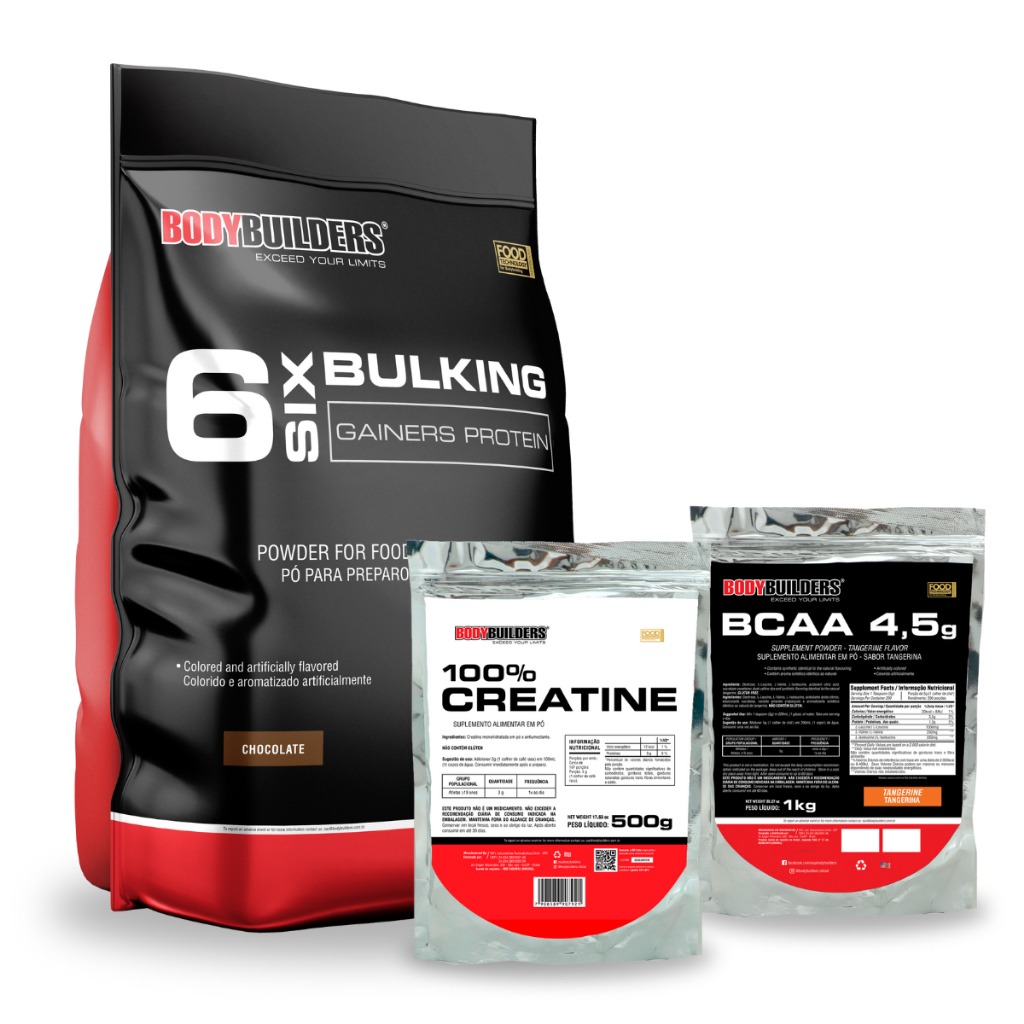Bodybuilders Six Bulking 6kg + BCAA 4.5 1kg + 100% Creatina 500g - Ganho de Massa e Força