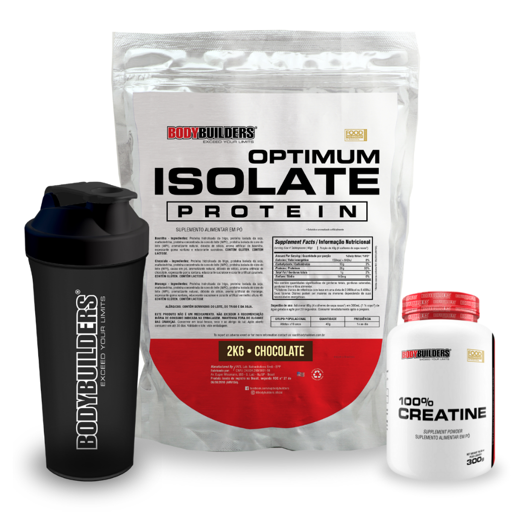 Bodybuilders Optimum Isolate 2kg + 100% Creatina 300g + Coqueteleira - Performance e Massa muscular