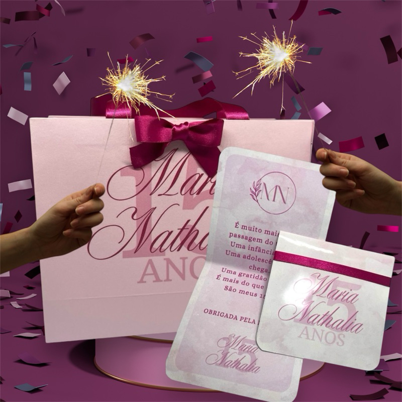 10 Sacolinha + Cartões Personalizados Aniversário Debutante convite agradecimento Lembrancinha 15 anos