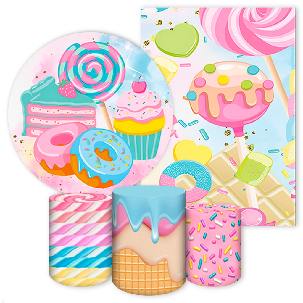 Kit 5 Peças Capa Painel Redondo + Capa Retangular + Trio Cilindros para Festa Tema Doces em Oferta na Shopee