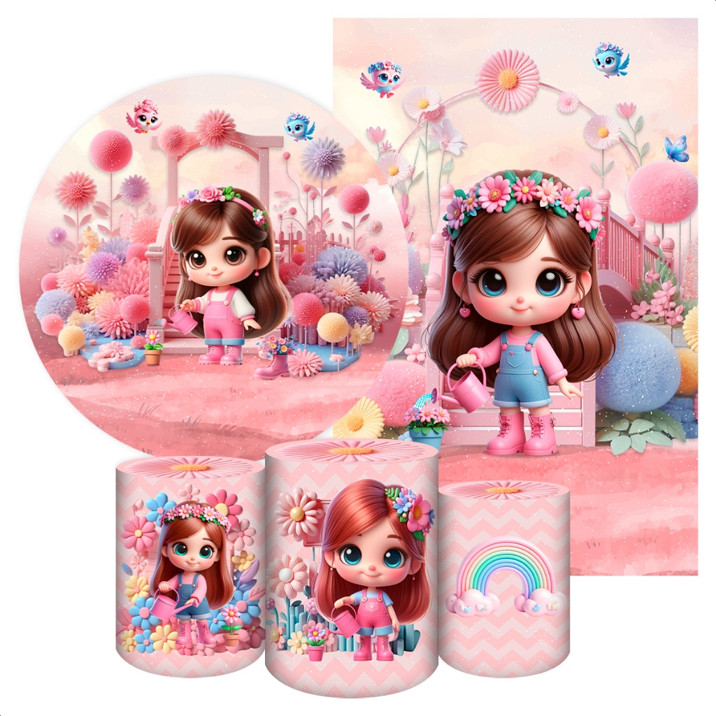 Kit 5 Peças Capa Painel Redondo + Capa Retangular + Trio Cilindros para Festa Tema Jardim Cute