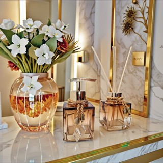 Kit Lavabo Vidro Luxo Com Bandeja Branco Vidro Ambar Banheiro Aroma Difusor