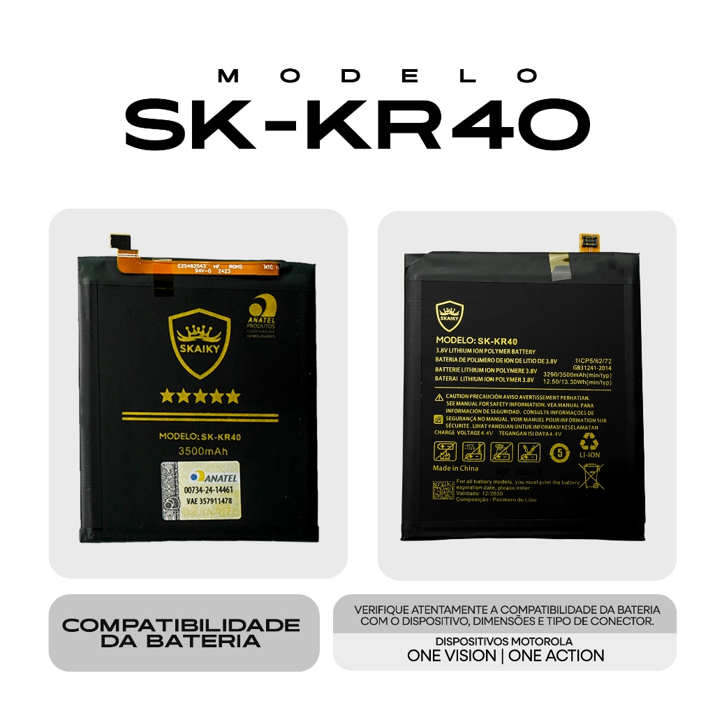 Bateria Oficial Skaiky KR40 Compativel Com Motorola ONE VISION | ONE ACTION