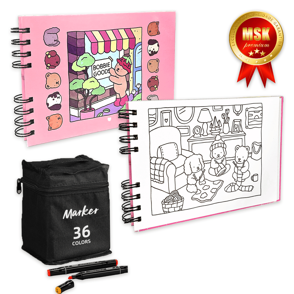 Kit de Colorir CADERNO PREMIUM + CANETAS MARCADORAS Alta Qualidade 50 Folhas 180g Com Dese...