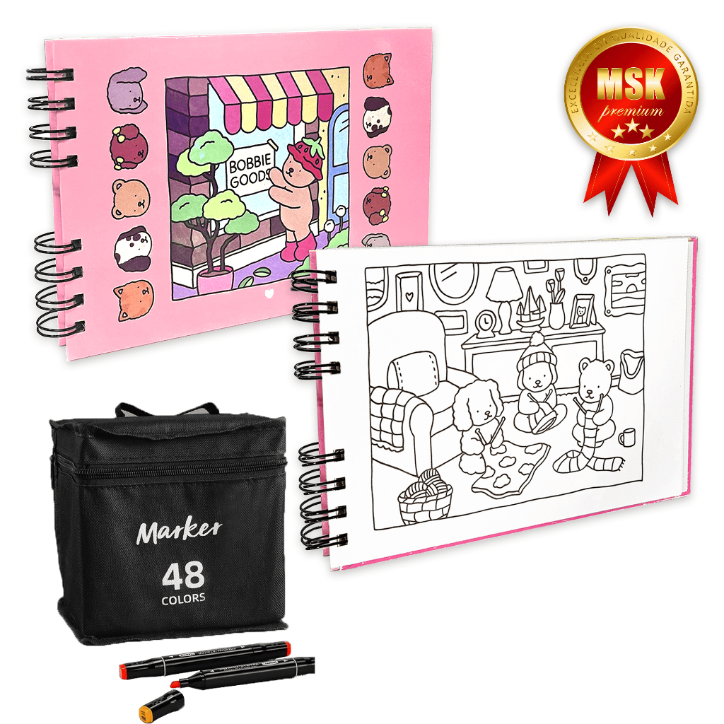 Kit de Colorir CADERNO PREMIUM + CANETAS MARCADORAS Alta Qualidade 50 Folhas 180g Com Dese...