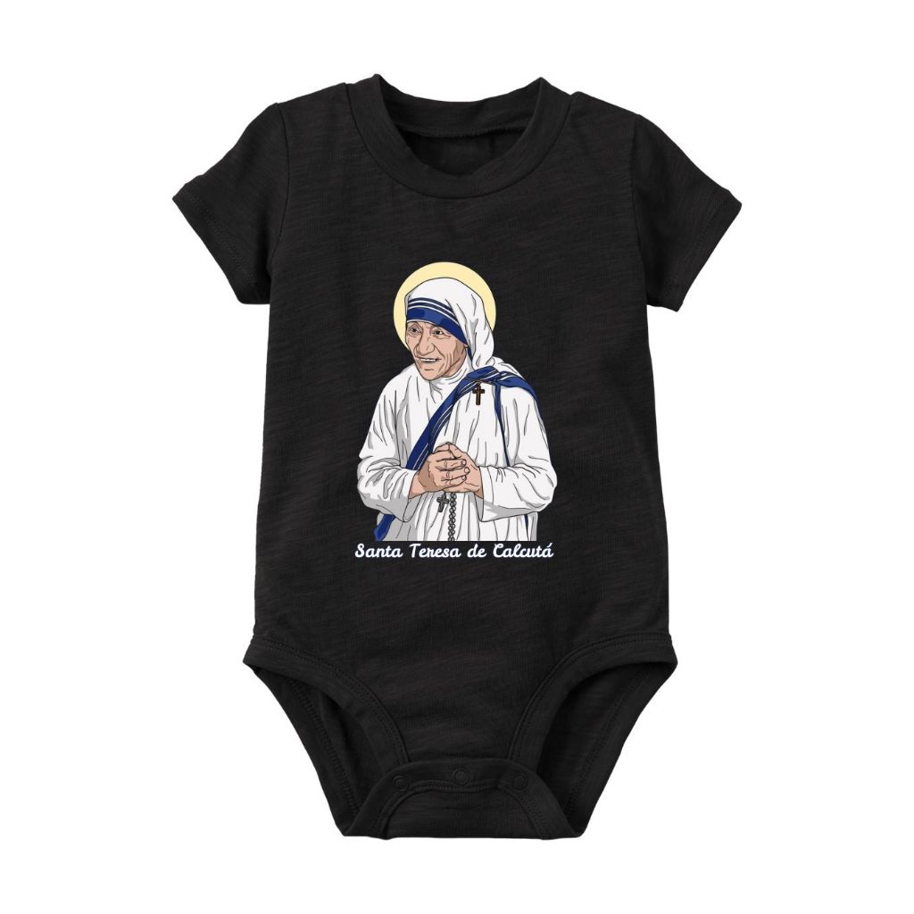 Body Algodão Infantil Bebê Católico Santa Madre Teresa de Calcutá - Mêsversário Fé Oração