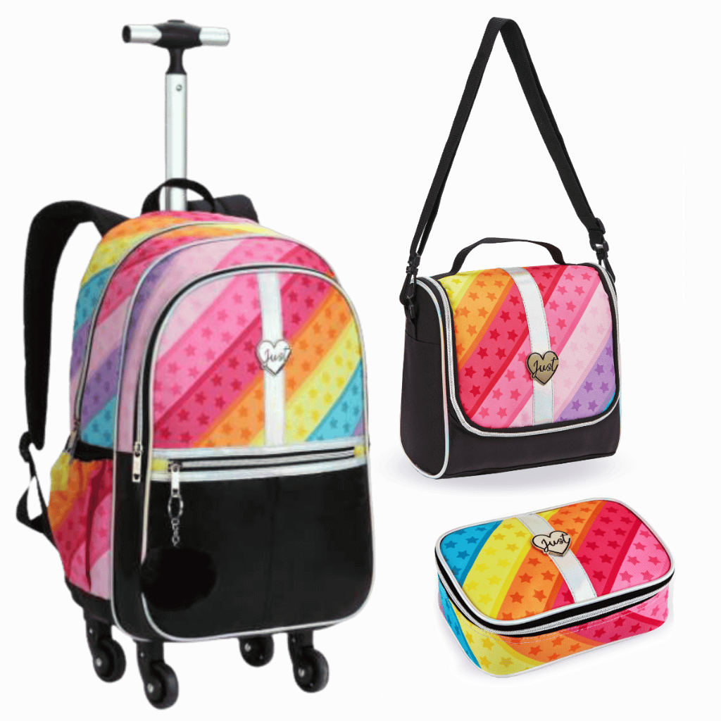 Kit Escolar Mochila Rodinhas 360 Arco-Íris Juvenil bolsa térmica e estojo Adolescente Jovem Mocinha