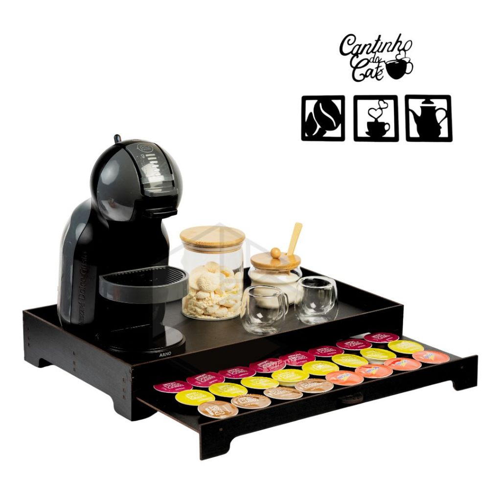 Bandeja Luxo Porta Capsulas Preta apoio Cafeteira Dolce Gusto organizador mdf Grande Cômoda café chá