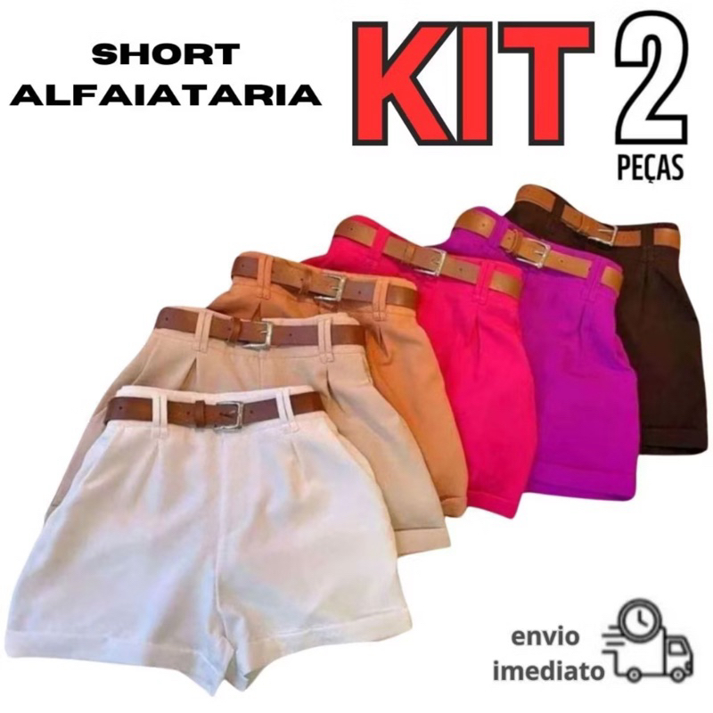 kit 2 Short feminino alfaiataria social short com cinto tendência promoção verão 2025