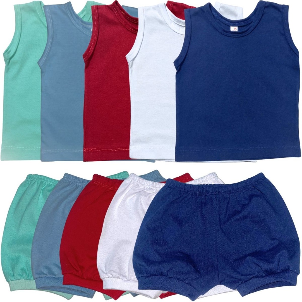 Kit 10 Peças Infantil 5 Regatas Camisetas 5 Shorts Tapa Fralda Liso Estampado Pijama Enxoval Bebê Menino Menina verão em Oferta na Shopee