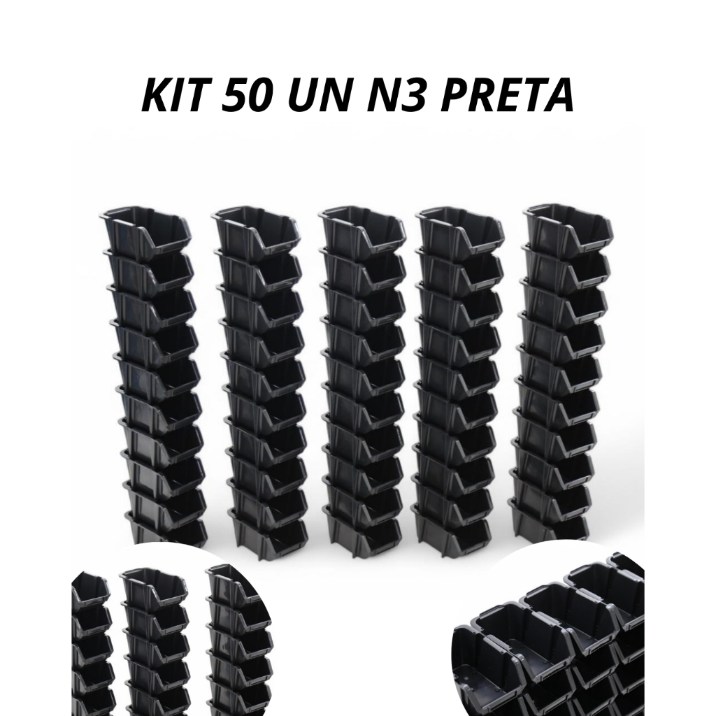 KIT 50un caixas Bin Organizadoras de parafusos Plástico Preto N°03 Resistente empilhavel