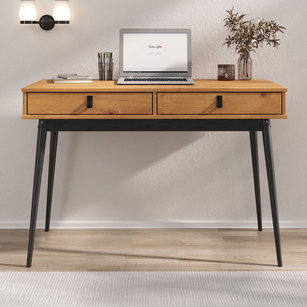 Mesa de Trabalho Escandinava Retrô 2 Gav Madeira Freijó Preto Wanda em Oferta na Shopee
