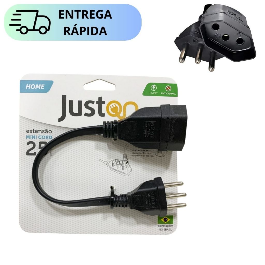 Mini Extensão 25cm Prolongador de Tomada Cabo Com 3 Pinos 10 Amperes Bivolt 1270W 110v e 2200W 220v