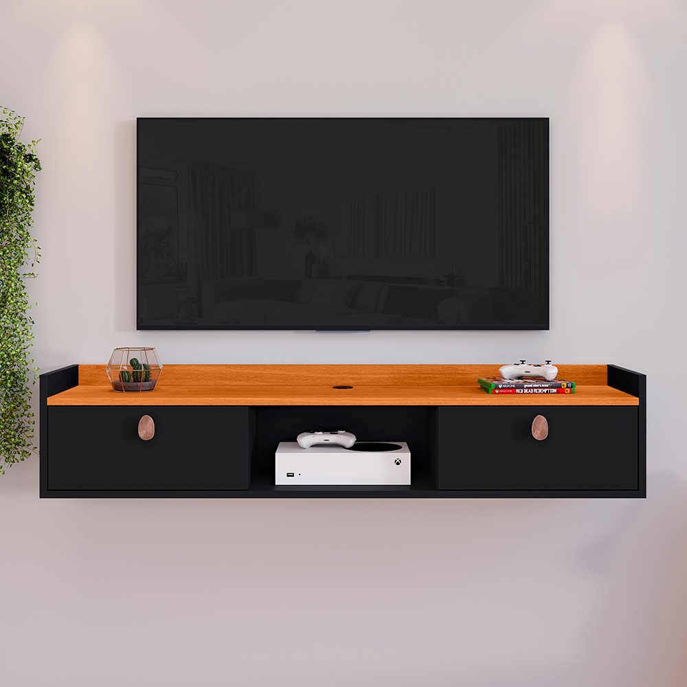 Rack Suspenso Sala Tv 1.20cm Home LIFE Decoração Sala Quarto nicho 2 Porta Cor Preto/Cina Painel TV