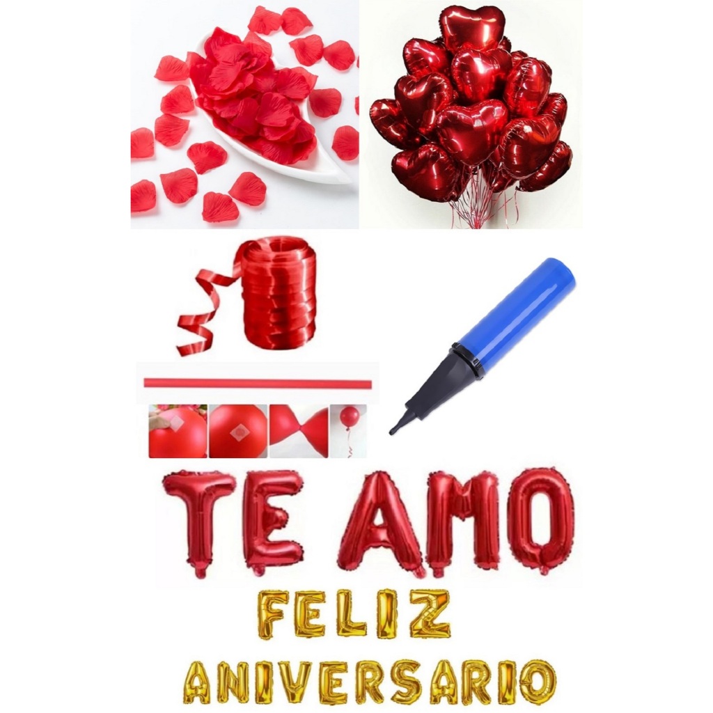 200 Pétalas + 20 Balão Coração + Te Amo + Feliz aniversário + Fiitilho + Adesivo Cola Balão + Bomba de Ar