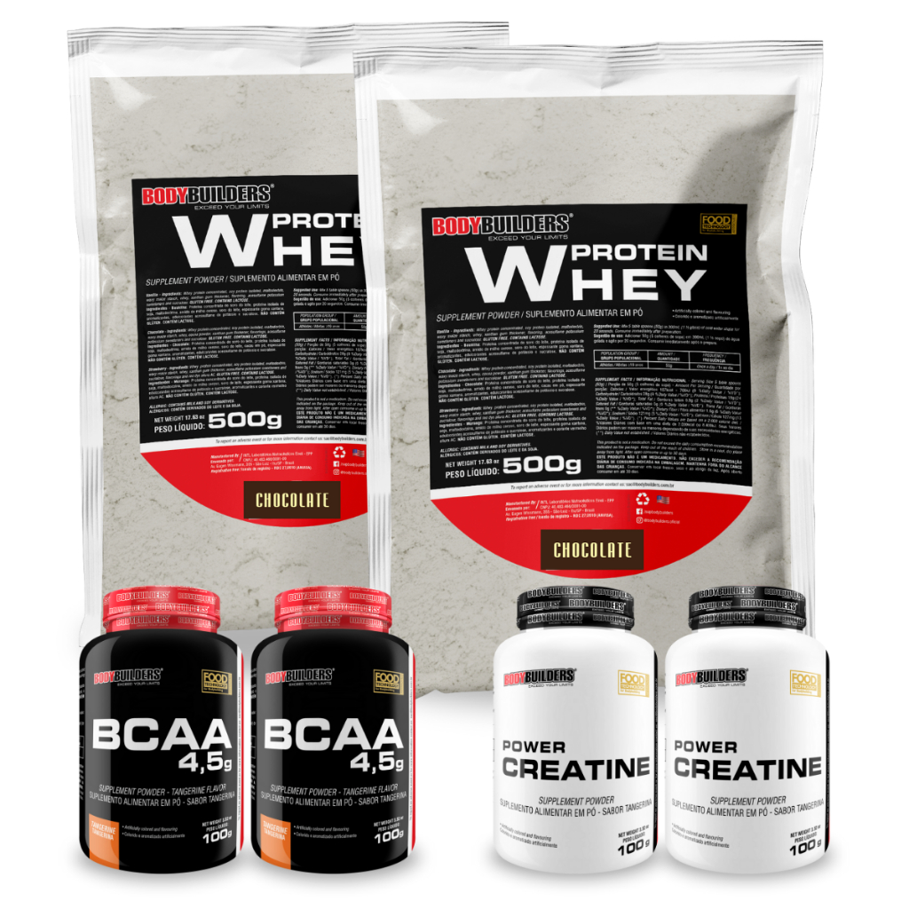 Bodybuilders 2x Whey Protein 500g + 2x Power Creatina 100g + 2x BCAA 4.5 100g - Para ganho de massa