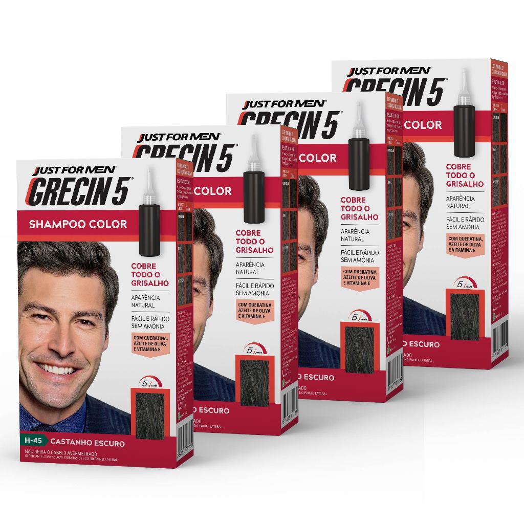 Kit 4x unidades Grecin 5 Shampoo Tintura Tonalizante Castanho Escuro H-45 60ml - Cobre os cabelos grisalhos em 5 minutos em Oferta na Shopee