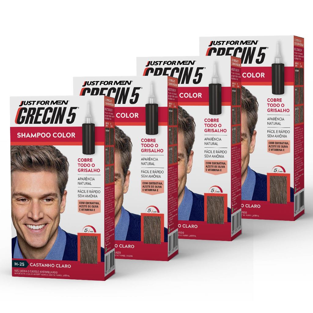 Kit 4x unidades  Grecin 5 Shampoo Tintura Tonalizante Castanho Claro H-25 60ml - Cobre os cabelos grisalhos em 5 minutos - Beauty