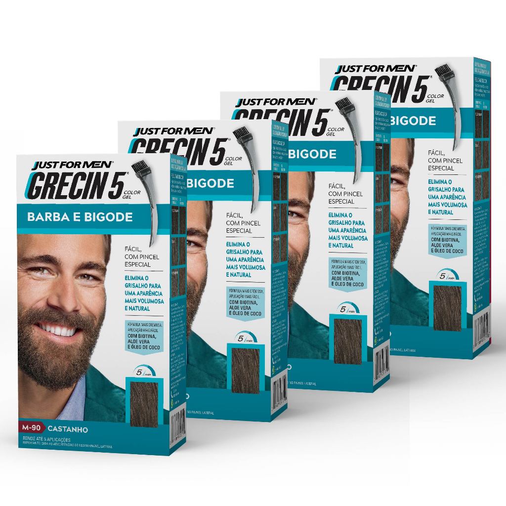 Kit 4x unidades Grecin 5 Color Gel Barba e Bigode Castanho M-90 - Cobre os fios grisalhos 5 minutos. Aparência natural. em Oferta na Shopee