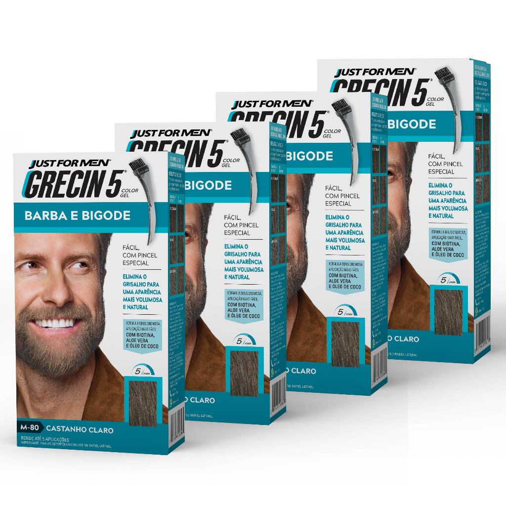 Kit 4x unidades Grecin 5 Color Gel Tintura Barba e Bigode Castanho Claro M-80 28g - Cobre os fios grisalhos em 5 minutos em Oferta na Shopee
