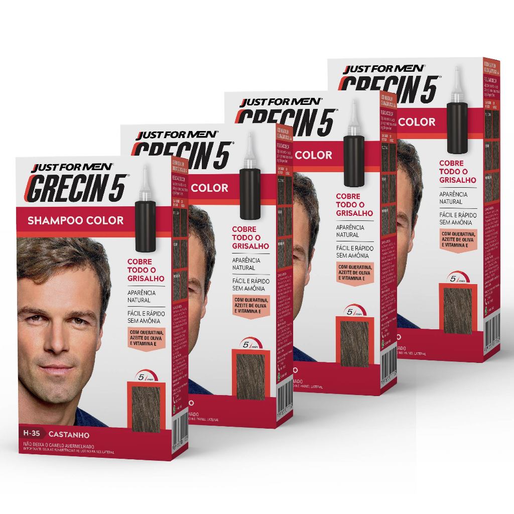 Kit 4x unidades - Grecin 5 Shampoo Tintura Tonalizante Castanho H-35 60ml - Cobre os cabelos grisalhos em 5 minutos. em Oferta na Shopee