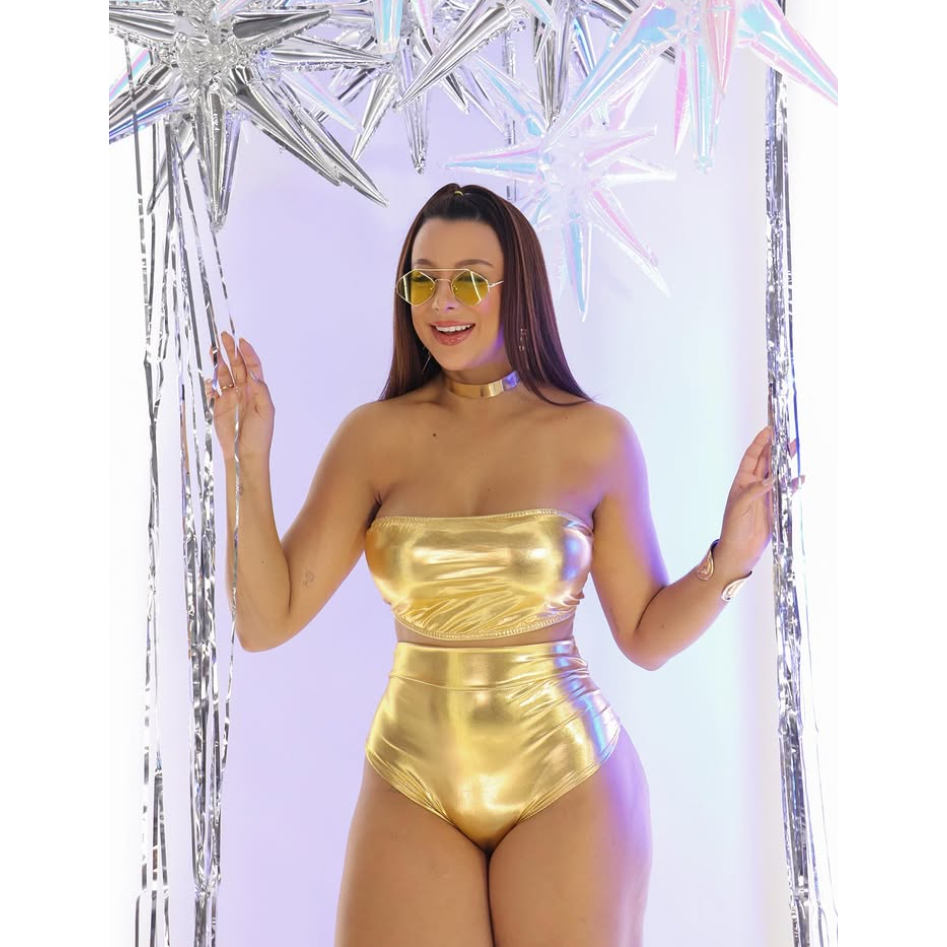 Conjunto 2 Peças Metalizado Carnaval Calcinha Top Faixa Shorts Cropped Brilhoso Festa Piscina Fantasia Hot Pants feminin em Oferta na Shopee