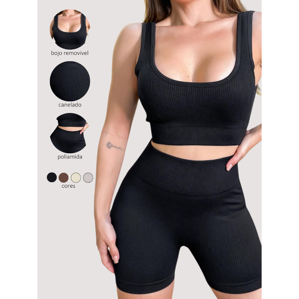 Conjunto Canelado Fitness Short e Top Sem Costura Yoga Academia Poliamida Feminino