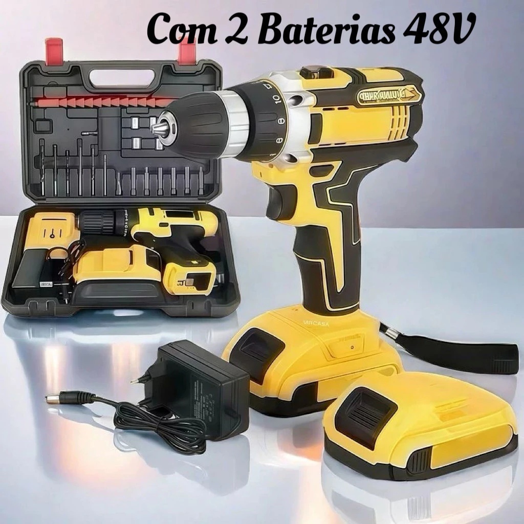 Parafusadeira Furadeira de Impacto a Bateria Recarregável Sem Fio 48v 2 Baterias Com Maleta Completo