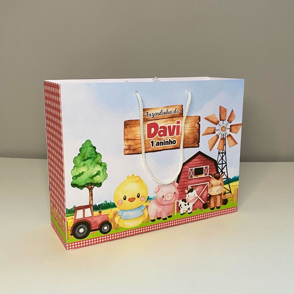 10 Sacolinhas Personalizadas Festa Fazendinha VERMELHO  - Aniversário Infantil - Com Nome e Idade