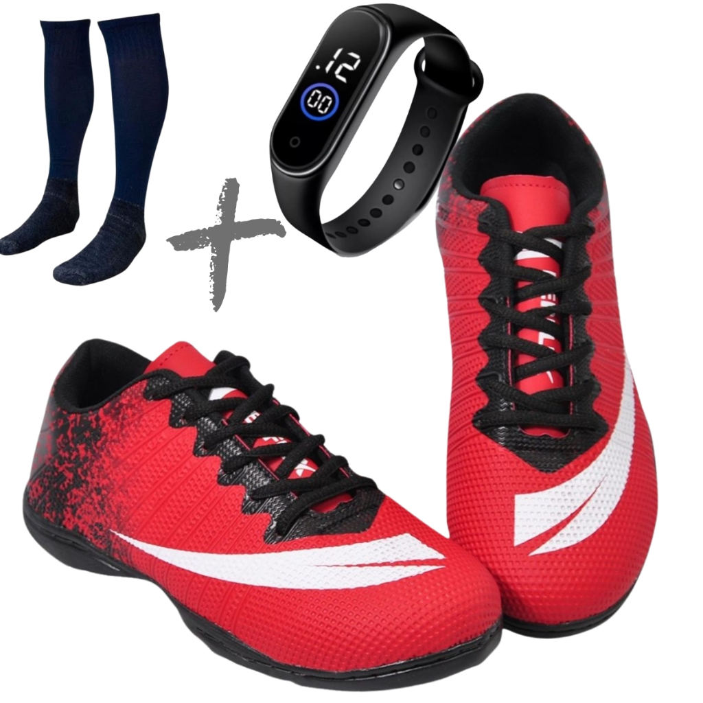 Chuteira FUTSAL Quadra Adulto Infantil  com MEIÃO  RELOGIO Colada e Costurada Promoção em Oferta na Shopee