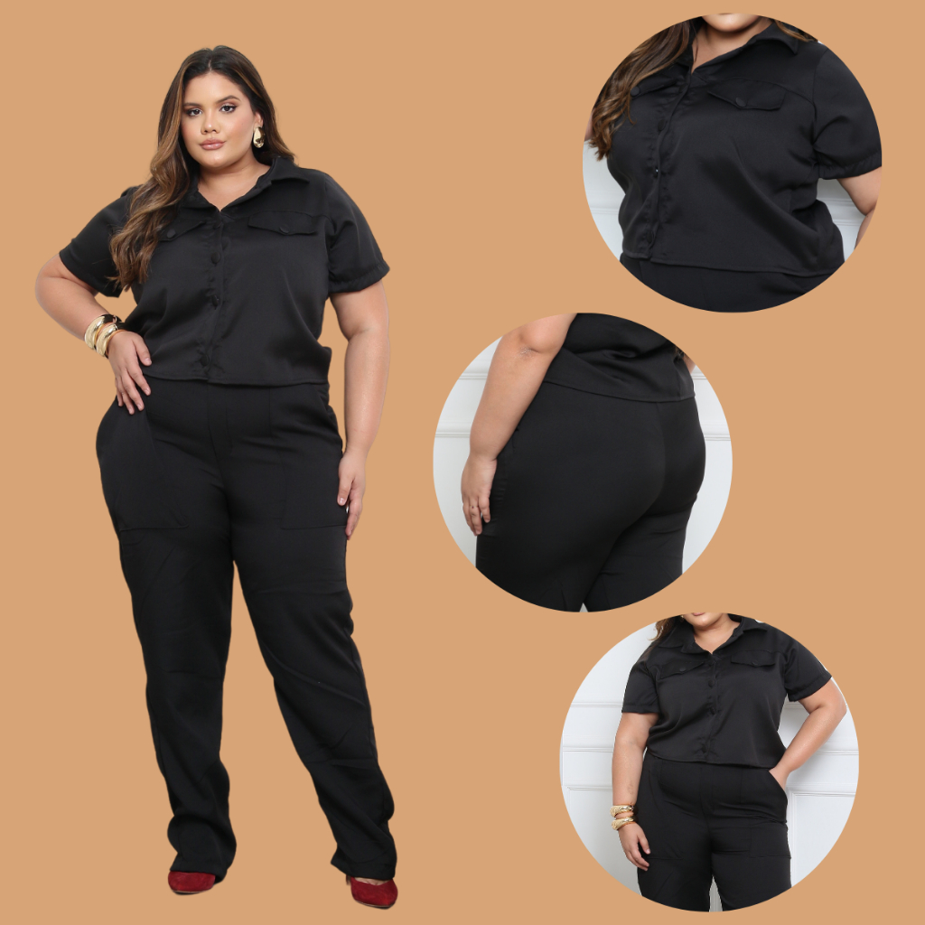Conjunto Alfaiataria Premium Camisa e Calça Brenda Preto Calça Pantalona Plus Size 44 ao 50 - Women Clothes