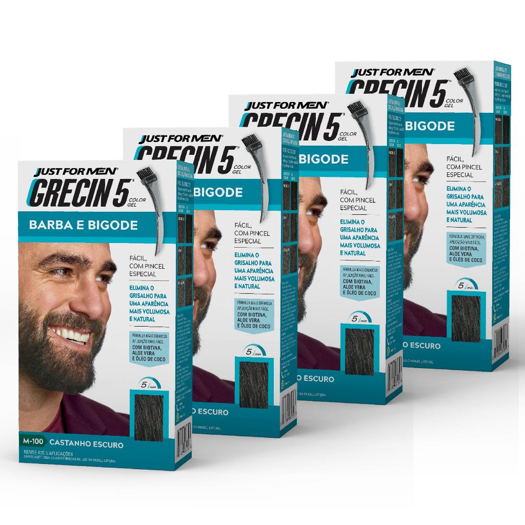 Kit 4x unidades - Grecin 5 Color Gel Barba e Bigode Castanho Escuro M-100 28g - Cobre os fios grisalhos em 5 minutos em Oferta na Shopee