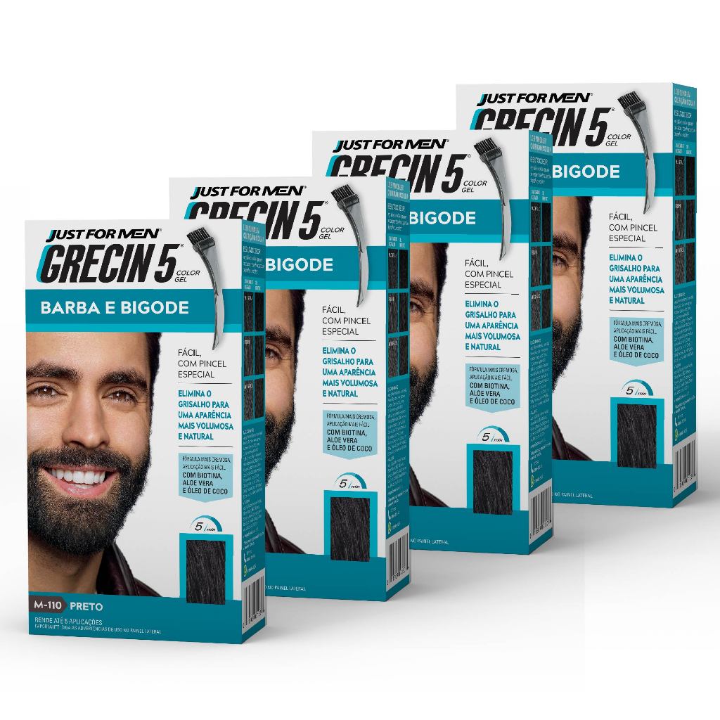 Kit 4x unidades Grecin 5 Color Gel TIntura Tonalizante Barba e Bigode Preto M-110 - Cobre os fios grisalhos em 5 minutos em Oferta na Shopee