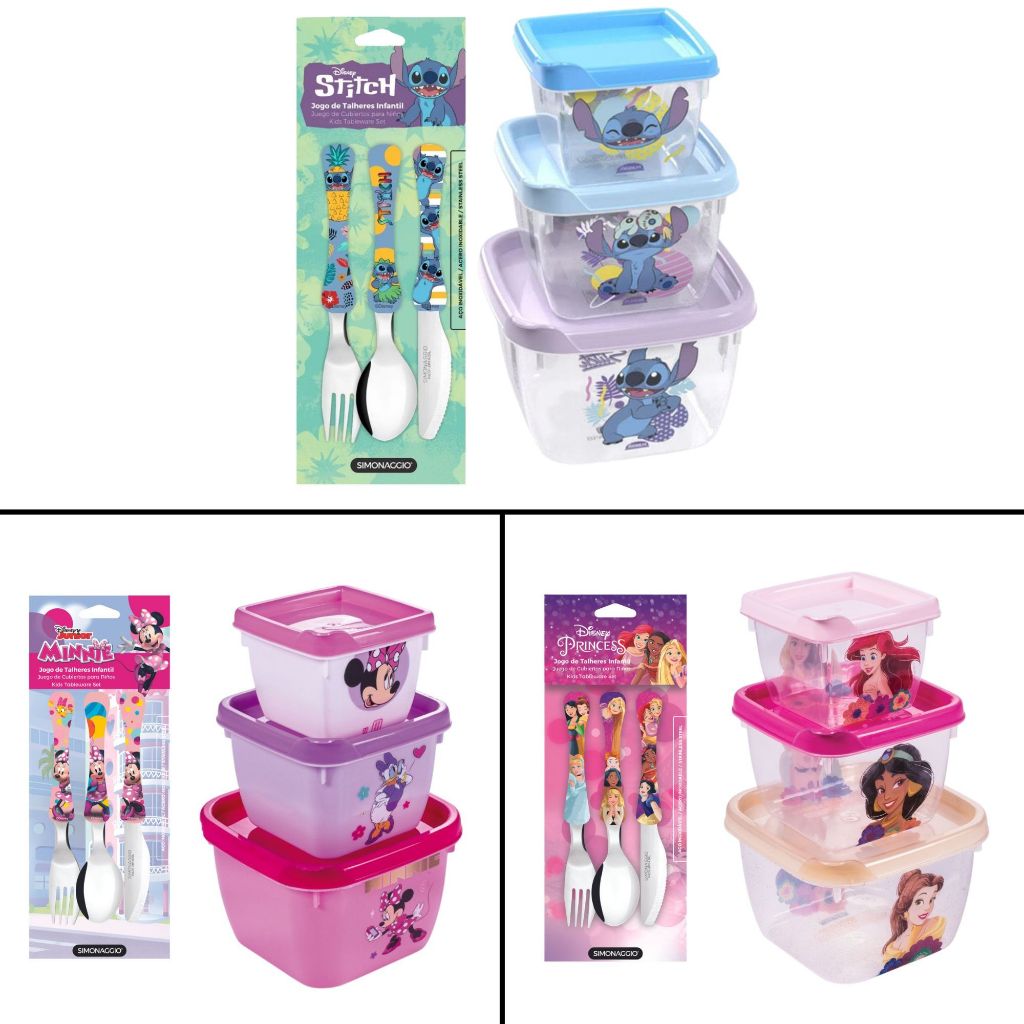 Kit Talher + 3 Potinhos de Plástico infantil BPA Free Disney Plasútil em Oferta na Shopee