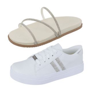 Kit Tênis Feminino Casual Confortável Branco + Sandália Papete Chinelo Strass Brilho Leve Calcelove