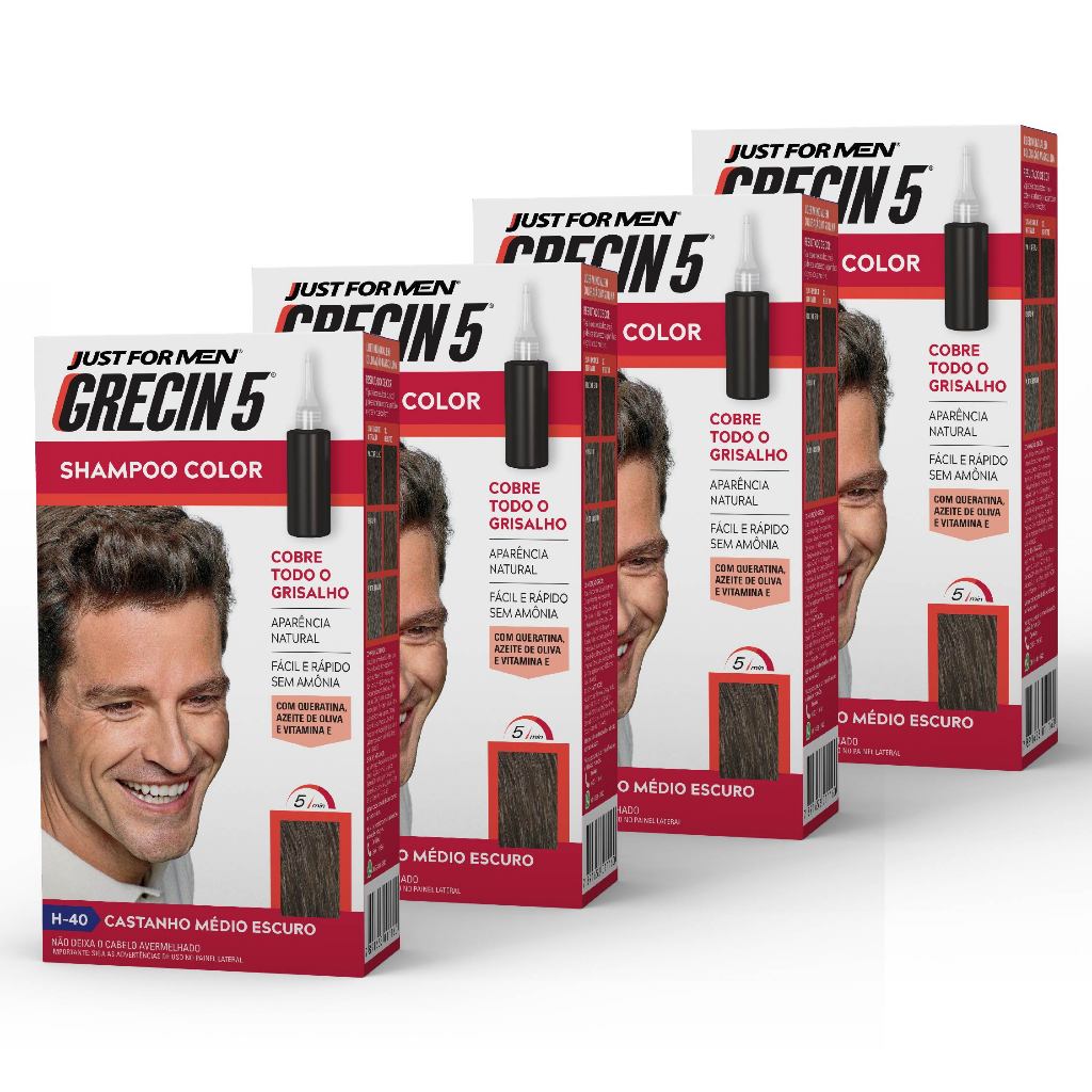 Kit 4x unidades Grecin 5 Shampoo Tintura Tonalizante Castanho Médio Escuro H-40 Cobre os cabelos grisalhos em 5 minutos. em Oferta na Shopee