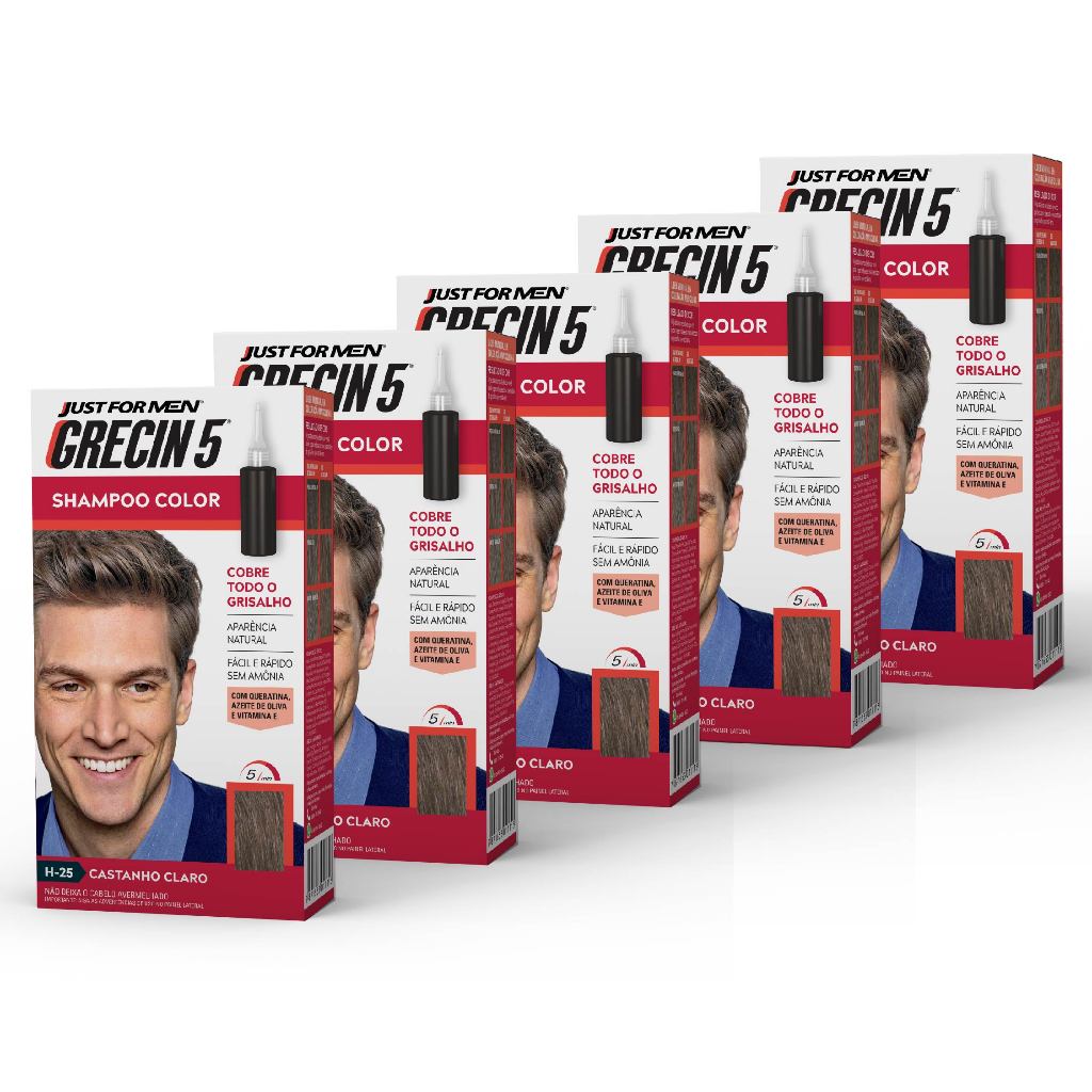 Kit 5x unidades  Grecin 5 Shampoo Tintura Tonalizante Castanho Claro H-25 60ml - Cobre os cabelos grisalhos em 5 minutos em Oferta na Shopee