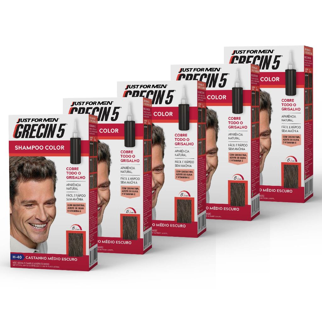 Kit 5x unidades Grecin 5 Shampoo Tintura Tonalizante Castanho Médio Escuro H-40 Cobre os cabelos grisalhos em 5 minutos. em Oferta na Shopee