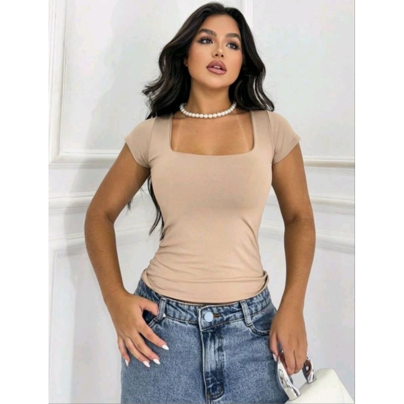 Blusa Baby Look Feminina Básica Com Decote Quadrado Com Manga Curta Moda Casual Versátil B...