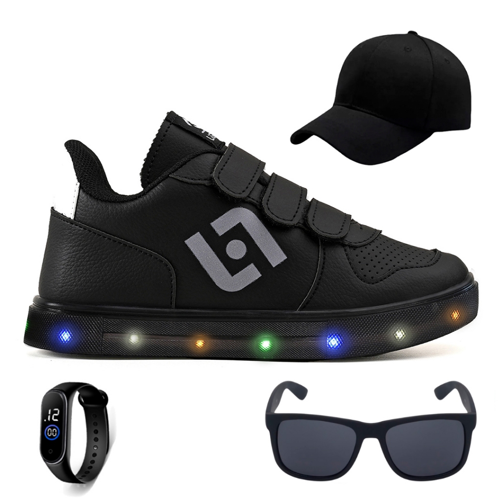Kit Tenis de LED Infantil Casual Calce Facil Light + Bone + Oculos E Relogio em Oferta na Shopee